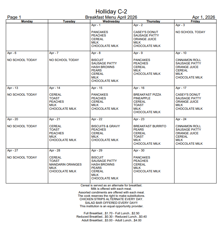 Breakfast menu