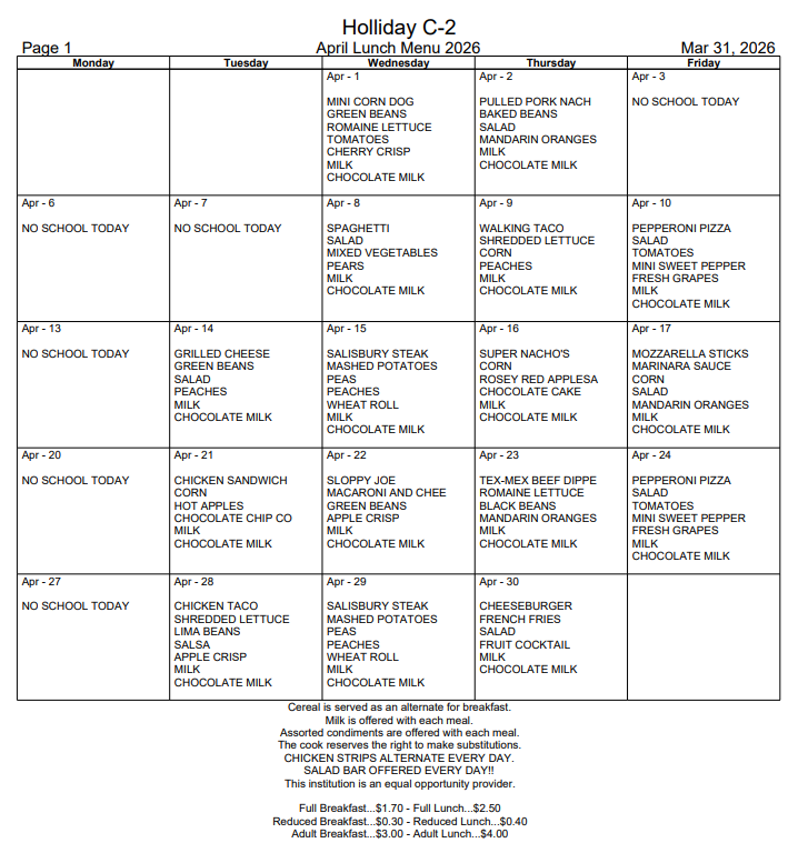 Lunch menu